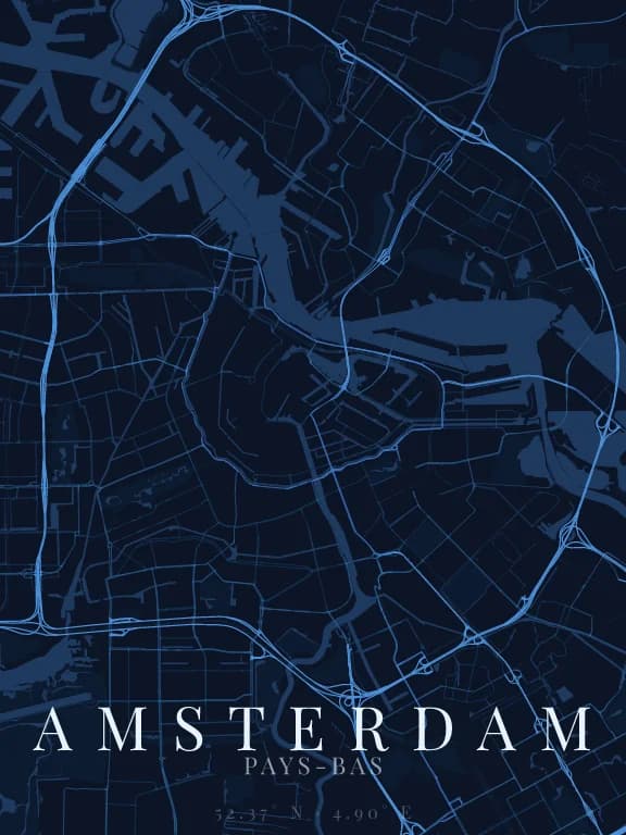Poster de la carte de Amsterdam (Pays-Bas) : rues, eau et parcs dessinés à partir d'OpenStreetMap
