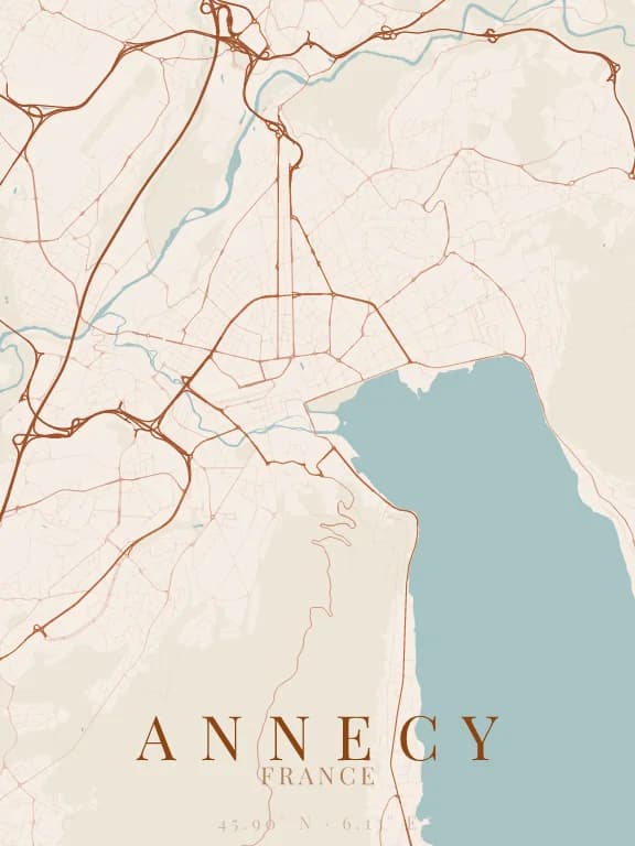 Poster de la carte de Annecy (France) : rues, eau et parcs dessinés à partir d'OpenStreetMap