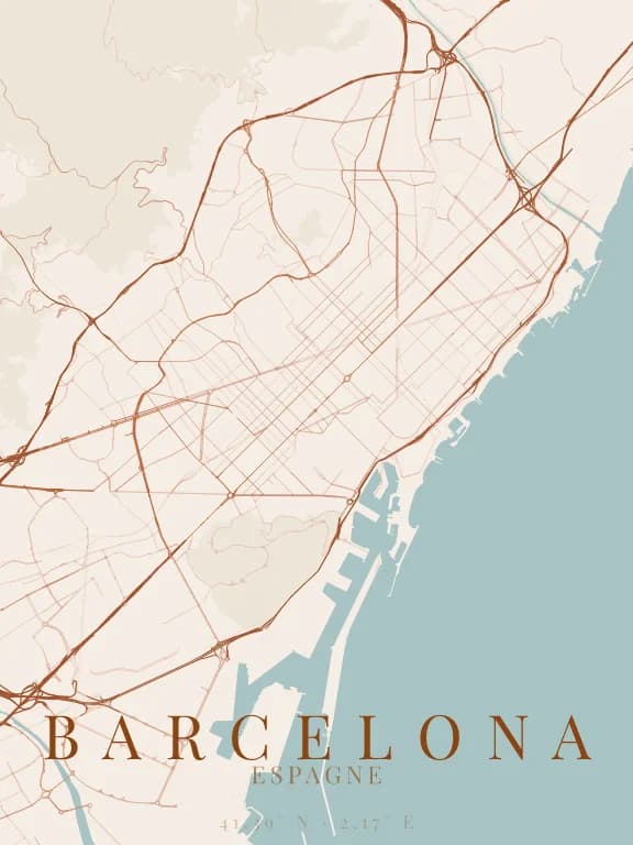 Poster de la carte de Barcelona (Espagne) : rues, eau et parcs dessinés à partir d'OpenStreetMap