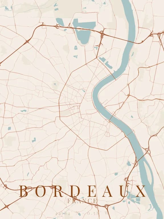 Poster de la carte de Bordeaux (France) : rues, eau et parcs dessinés à partir d'OpenStreetMap