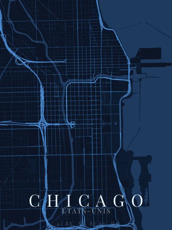 Poster de la carte de Chicago (États-Unis) : rues, eau et parcs dessinés à partir d'OpenStreetMap