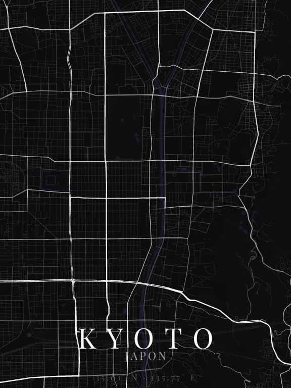 Poster de la carte de Kyoto (Japon) : rues, eau et parcs dessinés à partir d'OpenStreetMap