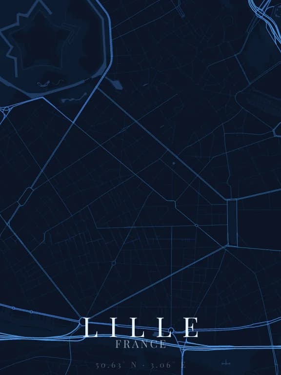 Poster de la carte de Lille (France) : rues, eau et parcs dessinés à partir d'OpenStreetMap