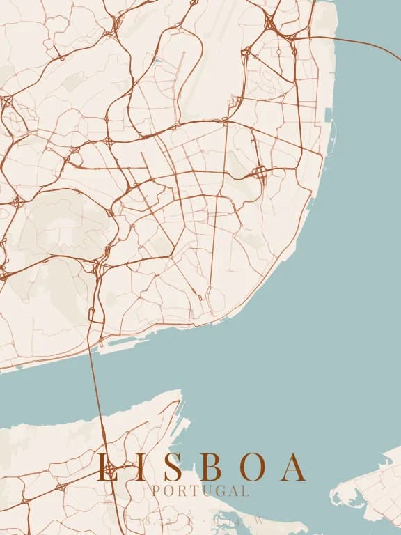 Poster de la carte de Lisboa (Portugal) : rues, eau et parcs dessinés à partir d'OpenStreetMap