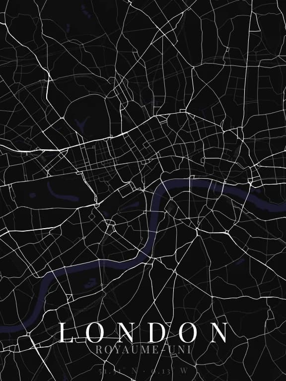 Poster de la carte de London (Royaume-Uni) : rues, eau et parcs dessinés à partir d'OpenStreetMap