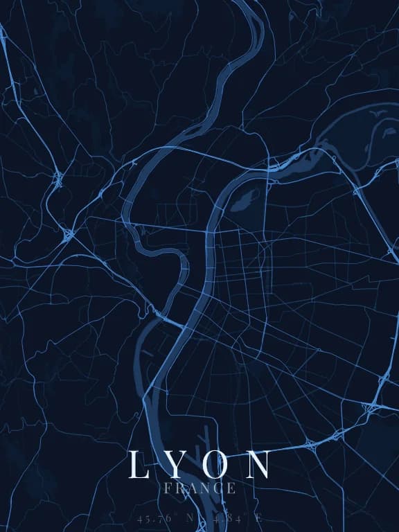 Poster de la carte de Lyon (France) : rues, eau et parcs dessinés à partir d'OpenStreetMap