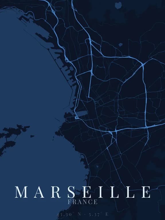 Poster de la carte de Marseille (France) : rues, eau et parcs dessinés à partir d'OpenStreetMap