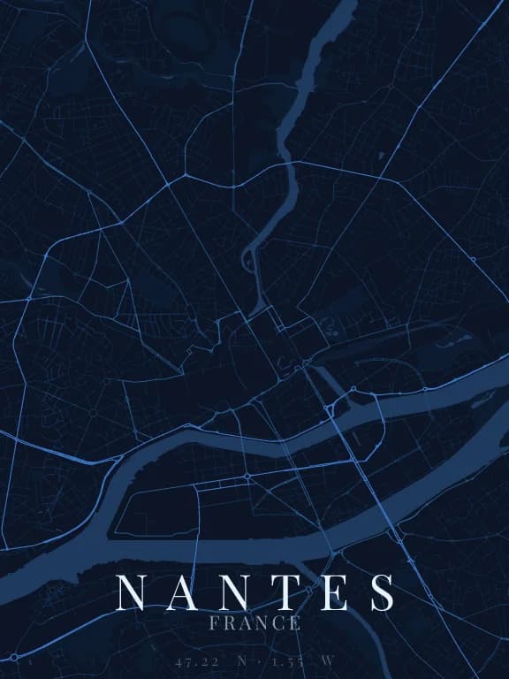 Poster de la carte de Nantes (France) : rues, eau et parcs dessinés à partir d'OpenStreetMap