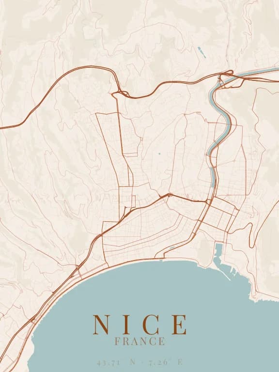 Poster de la carte de Nice (France) : rues, eau et parcs dessinés à partir d'OpenStreetMap