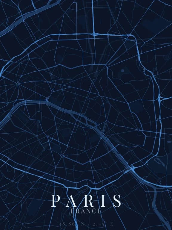 Poster de la carte de Paris (France) : rues, eau et parcs dessinés à partir d'OpenStreetMap