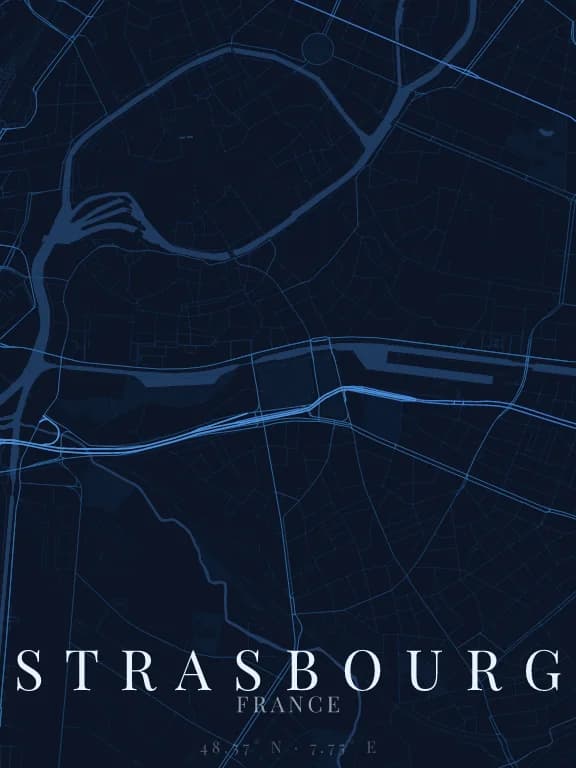 Poster de la carte de Strasbourg (France) : rues, eau et parcs dessinés à partir d'OpenStreetMap