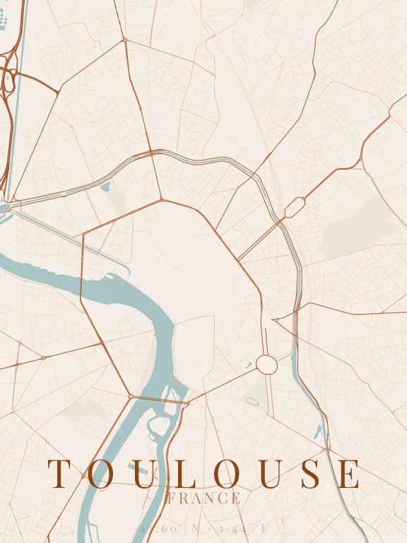 Poster de la carte de Toulouse (France) : rues, eau et parcs dessinés à partir d'OpenStreetMap