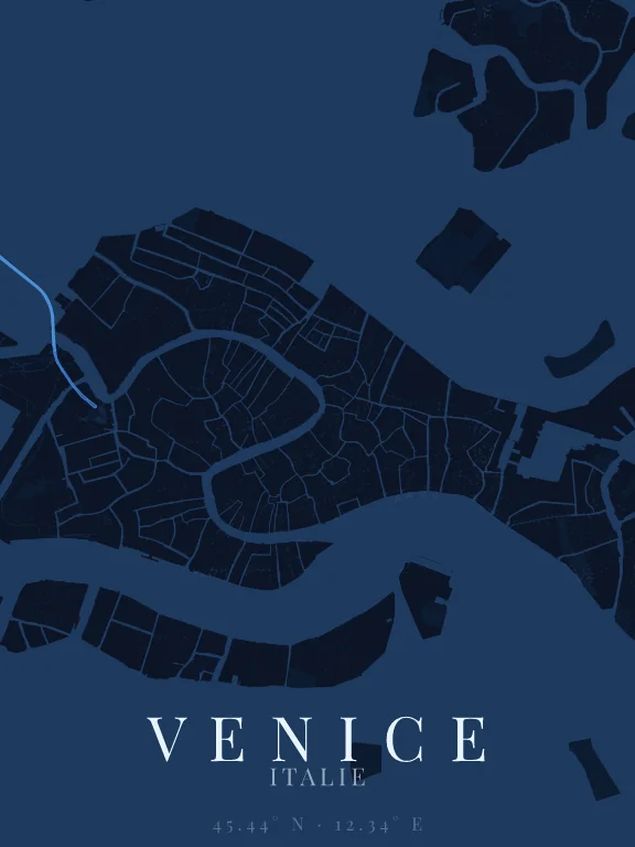 Poster de la carte de Venice (Italie) : rues, eau et parcs dessinés à partir d'OpenStreetMap