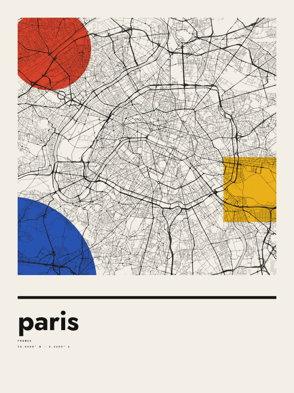 Map poster of PARIS, FRANCE, bauhaus style, framed on a wall
