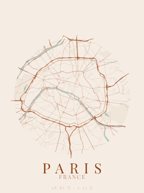 Poster de la carte de PARIS, FRANCE, style warm, encadre au mur
