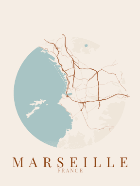 Poster de la carte de MARSEILLE, FRANCE, style terracotta, encadré au mur