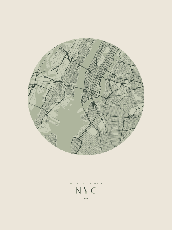 Map poster of NYC, USA, japandi style, framed on a wall